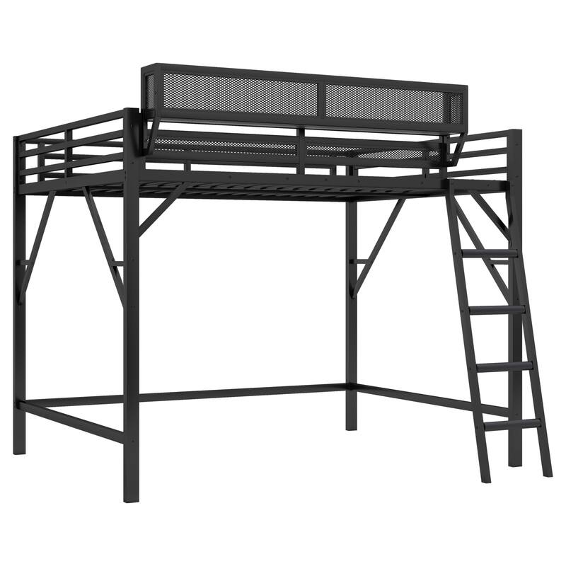 Queen Size Loft Bed with Ladder, Metal Queen Loft Bed with Storage Shelves, High Loft Bed for Kids Teens