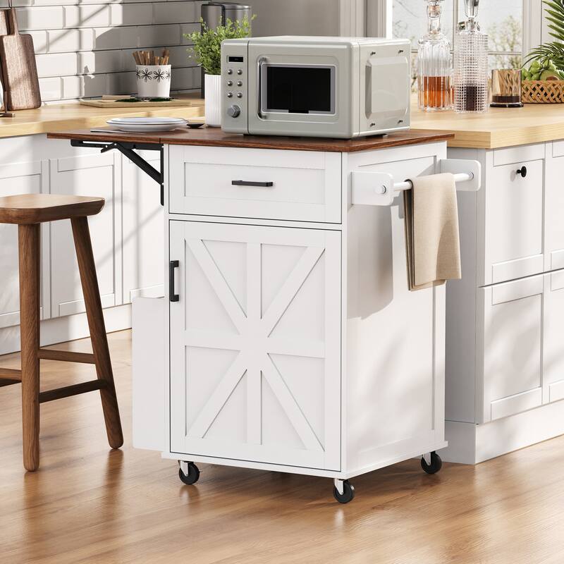 39.3" Farmhouse Kitchen Island with Drop Leaf, Towel Rack & Rolling Cart - White
