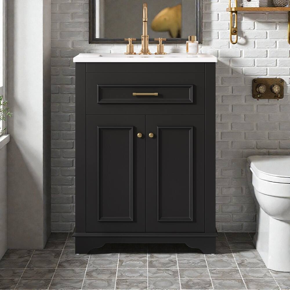 24 Inch Bathroom Vanity with Integrated Ceramic Sink, Freestanding Cabinet with Tip-Out Drawer, Small Space Vanity