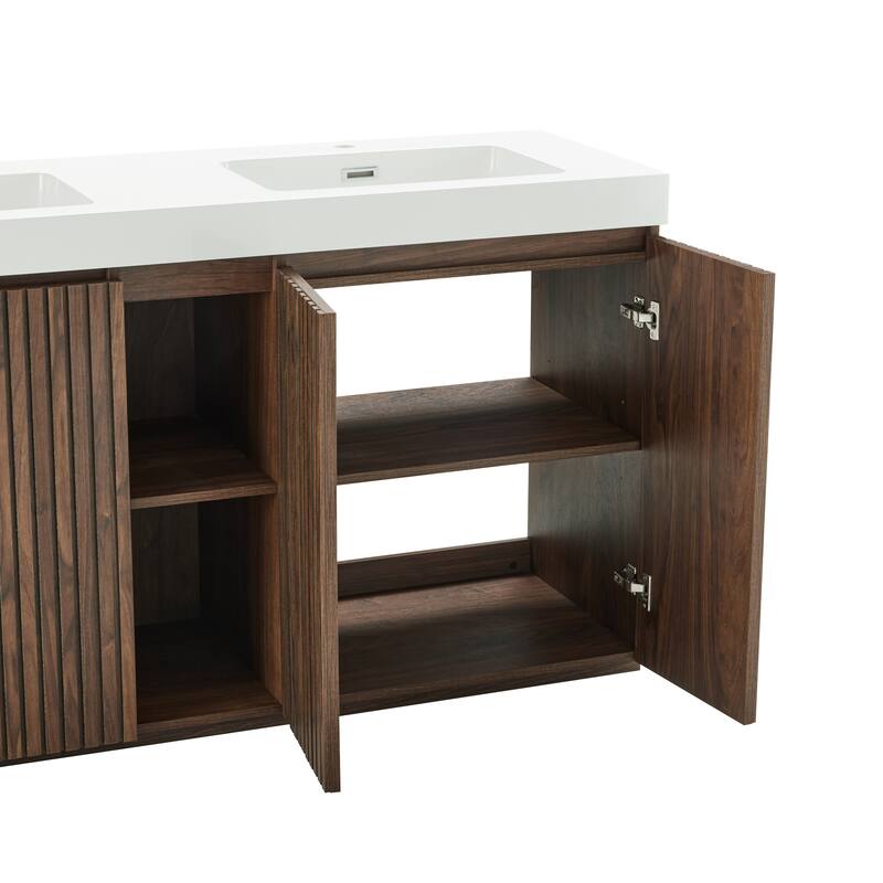 GDFStudio - Galan 60" Freestanding Bathroom Vanity with Quartz Sink, Solf Close Doors, Open Storage Shelf, NO Drain & Faucet