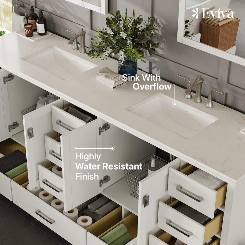 Eviva Storehouse 84"W x 22"D White Bathroom Vanity with White Carrara Quartz Countertop and Undermount Porcelain Sink - 84
