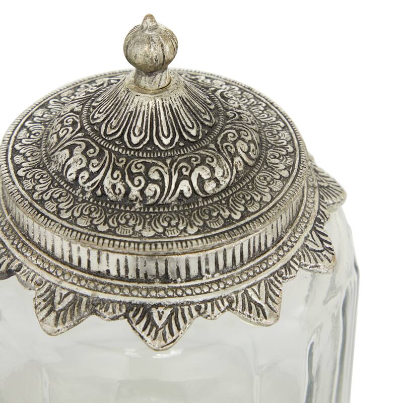 Glass Decorative Jars with Engraved Silver Lids - Set of 3 Clear - Roche River Decor - 7"W x 7"L x 9"H