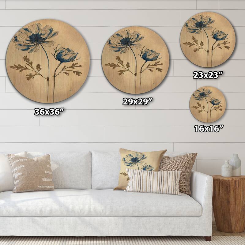 Designart "Blue Vintage Flower Blooming V" Floral Wood Wall Art - Natural Pine Wood