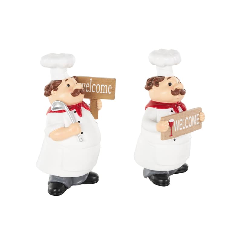 Polystone Chef Kitchen Decorative Figurine Sculpture with Welcome Signs - Set of 2 White - Roche River Decor