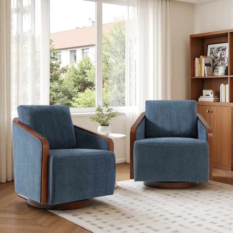 Chenille Modern 360°Swivel Barrel Chair Wood Base (Set of 2)