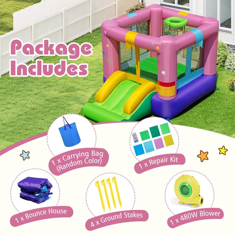 Gymax Inflatable Bounce House Bouncy Castle w/Slide & Basketball Rim - Multicolors