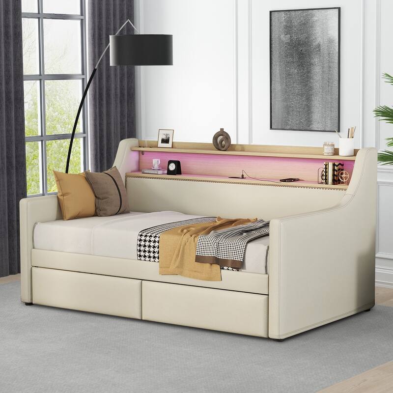 Modern Stylish Twin Size Upholstered Storage Daybed with Nailhead Trim - Beige