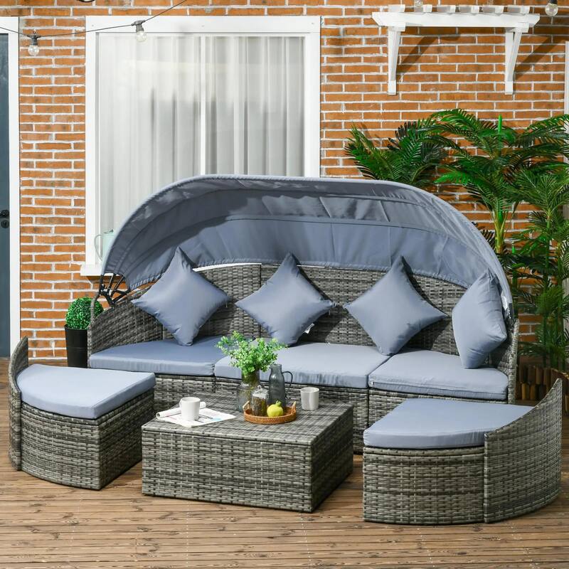 Convertible Rattan Daybed Sectional, Light Grey/Grey - Light Grey