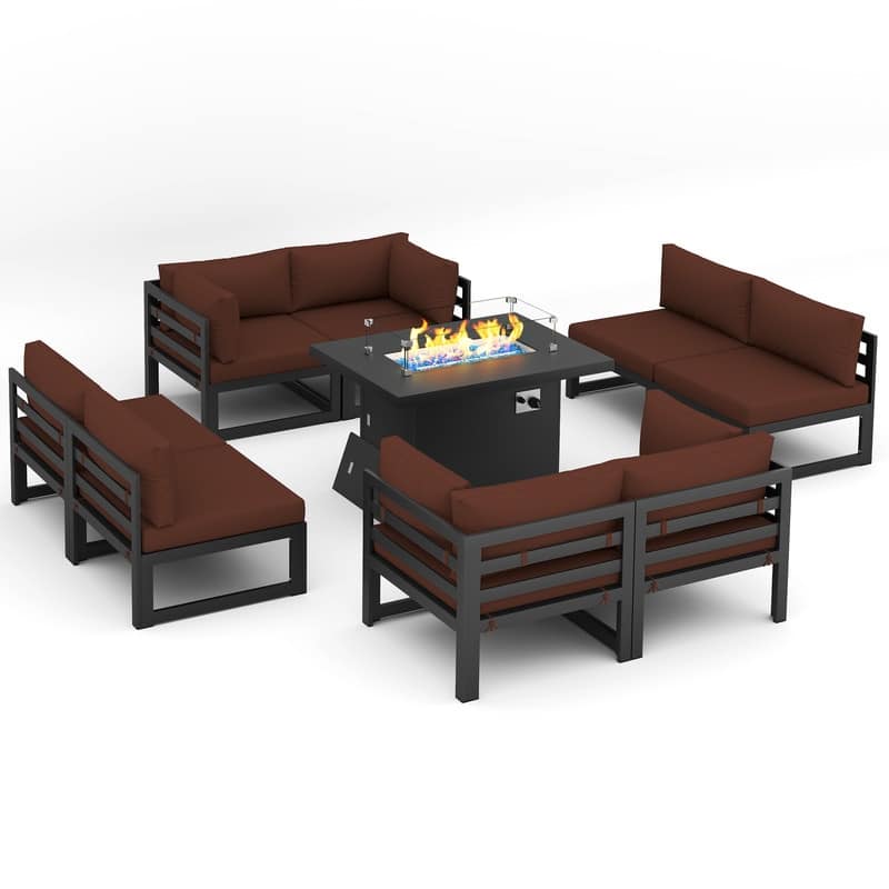 FINCATI 9 Piece Extra-large Outdoor Furniture Aluminum Patio Set with Propane/Natural Gas Firepit Table