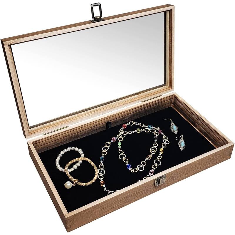 Wooden Jewelry Display Case with Tempered Glass Top & Black Velvet Pad Insert, Wooden Jewelry Tray for Collectibles - S - Brown