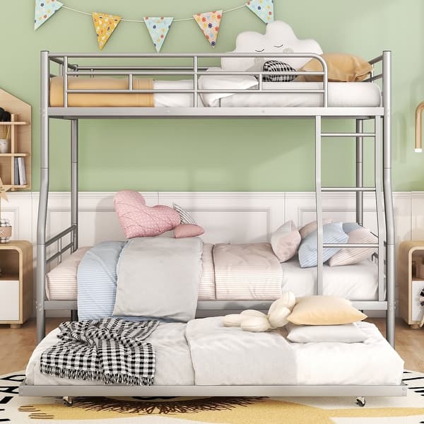 slide 2 of 48, Industrial Minimalist Full XL Over Queen Metal Bunk Bed with Trundle,Save Space or Split Into 2 Beds Silver