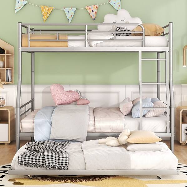 slide 2 of 9, Silver Full XL-Queen Bunk Bed w/ Trundle Unisex, Split Into 2 Beds Queen+Full XL - Silver