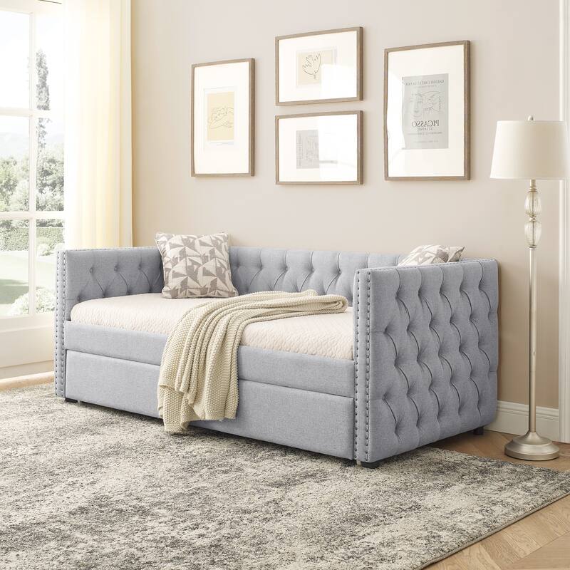 Tufted Daybed Upholstered Frame Sofa Bed with Button Copper Nail on Square Arms, and Pull-out Trundle Bed or Storage Drawers