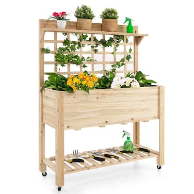 Gymax Raised Garden Bed Mobile Elevated Wooden Planter Box w/ Wheels