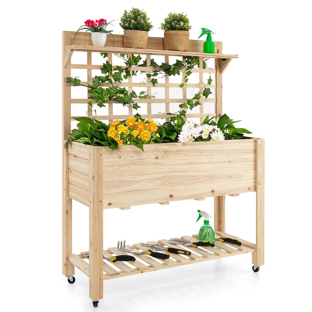 Gymax Raised Garden Bed Mobile Elevated Wooden Planter Box w/ Wheels