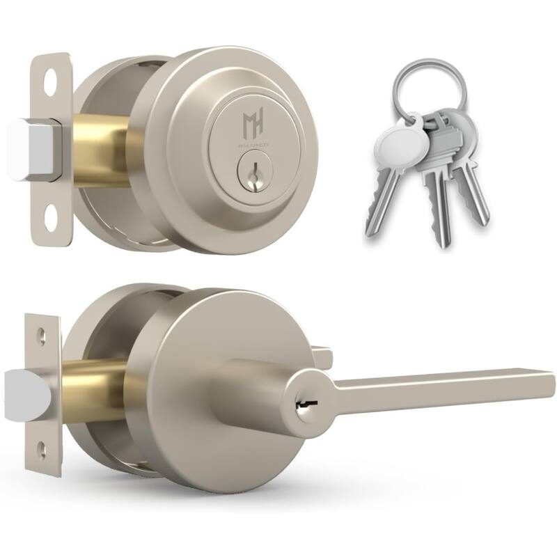 Mega Handles RALPH Round Entry Door Lever & Round Single Cylinder Deadbolt Lock Combo | Reversible | Heavy Duty | Modern Design -  Reversible Handing|Satin Brass