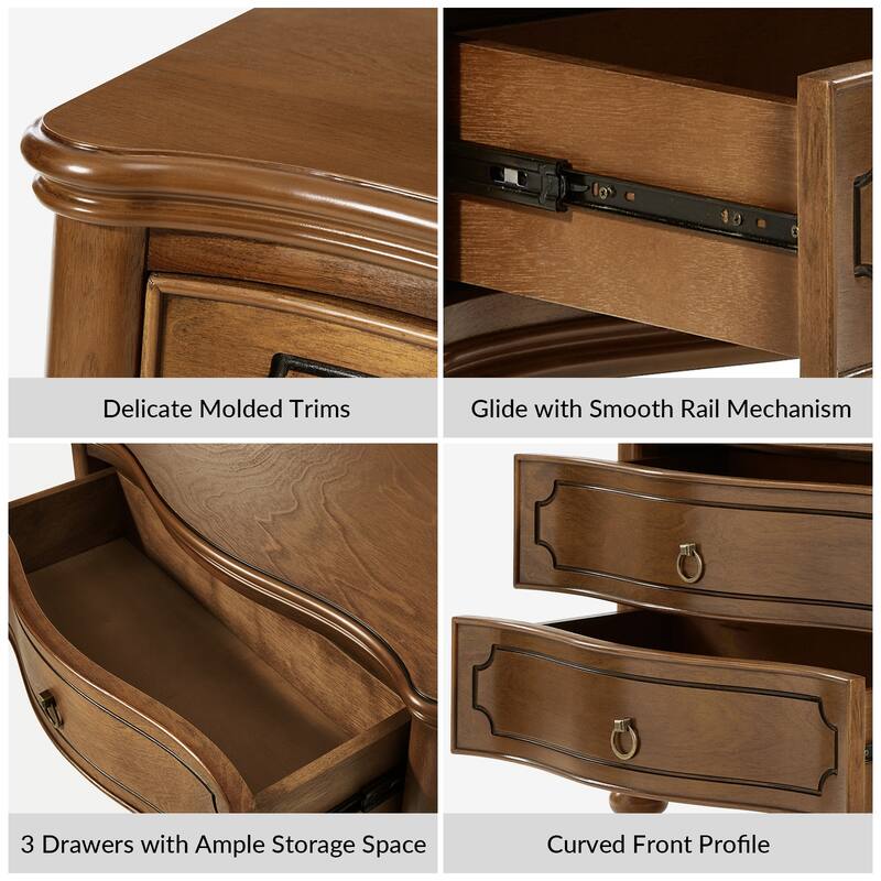 Alois Traditional 28''W 3-Drawer Curves End Table with Solid Wood Spindle Legs by HULALA HOME