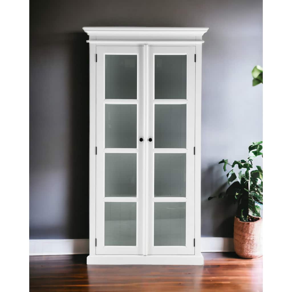 HomeRoots 75" White Wood and Glass Double Door Storage Cabinet