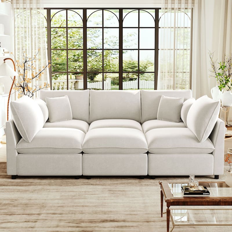 Roomfitters 94 Inch Modular U-Shaped Sectional Sofa with Movable Ottoman and Storage Armrests - Beige