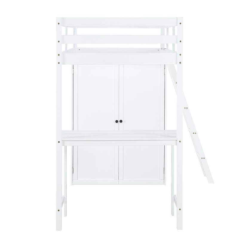 Solid Pine Loft Bed with Wardrobe, Desk, Shelves, and Guardrail