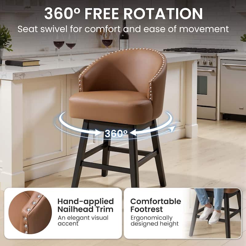 Bar Stools PU Leather / Linen Fabric Upholstered Solid Wood Swivel Barstool Set of 2/4