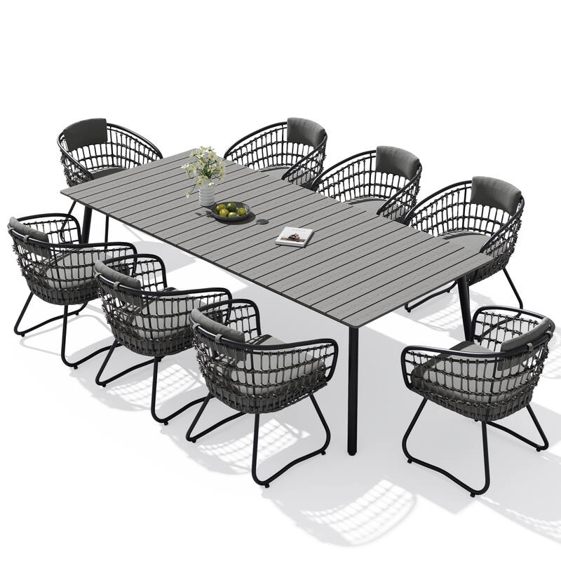 9-Piece Outdoor Patio Dining Set Wood-Like Table Top Alumium Umbrella Hole Table with PE Rattan Chairs