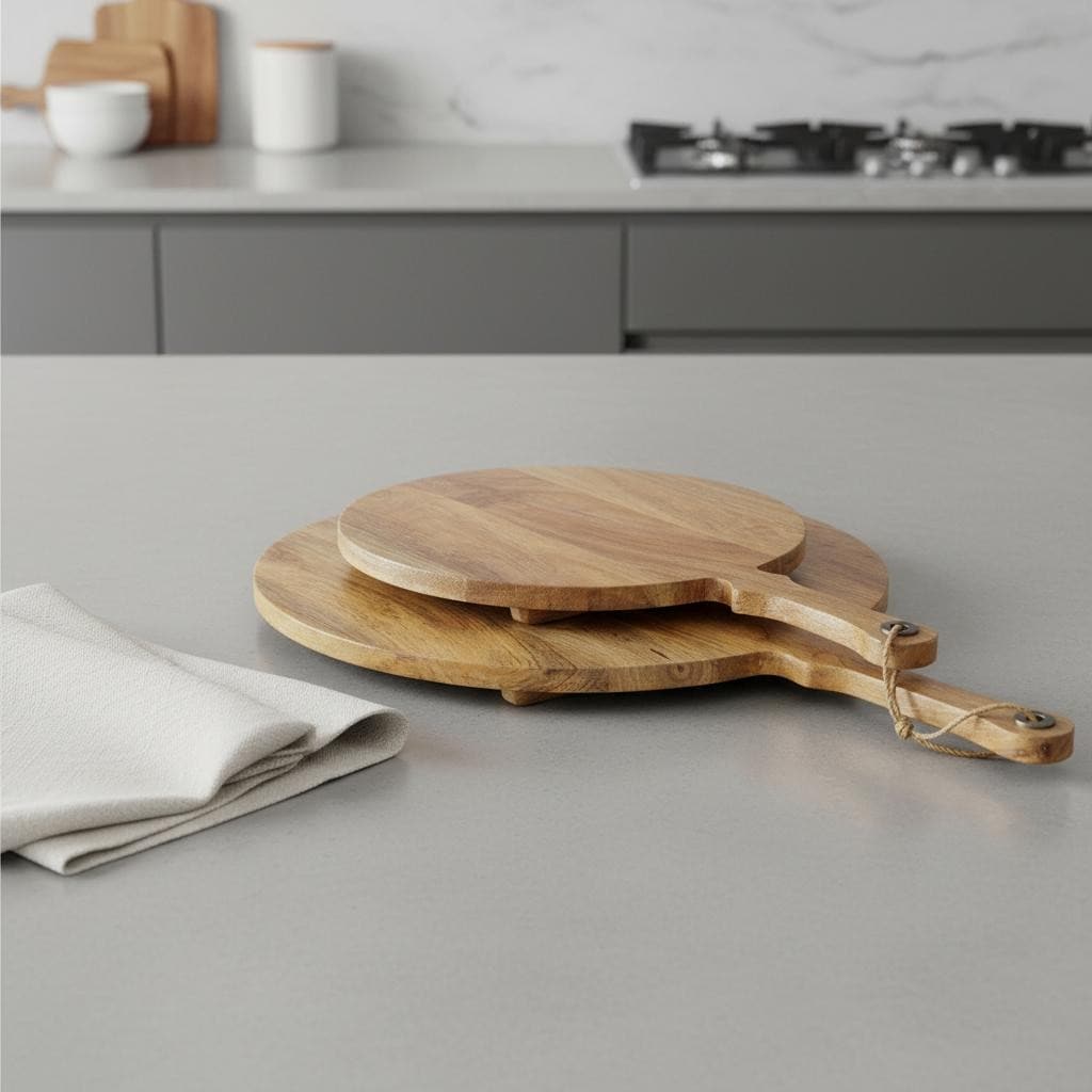 HomeRoots Set of Two Natural Solid Wood Handmade Round Serve Boards With Handles - 22.50 in. x 1.50 in. x 32.50 in.