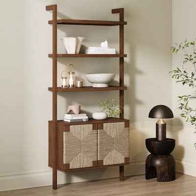 Beacon 3-Shelf Bookcase with Seagrass Cabinet, Solid Wood Bookshelf with Storage with Solid Wood Frame