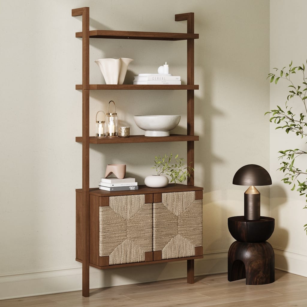 Beacon 3-Shelf Bookcase with Seagrass Cabinet, Solid Wood Bookshelf with Storage with Solid Wood Frame