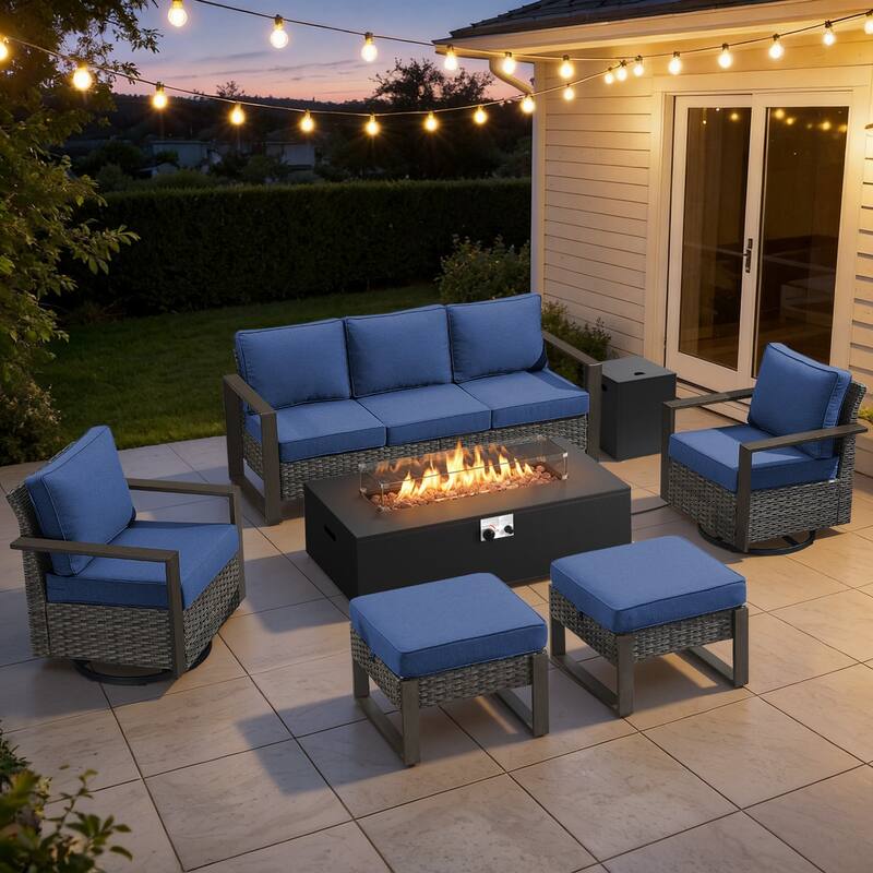 Meyreso Wicker Outdoor Patio Fire Pit Set with Swivel Gliders & 4.5-Inch Olefin Cushions - Gray / Navy Cushions - 6-Piece