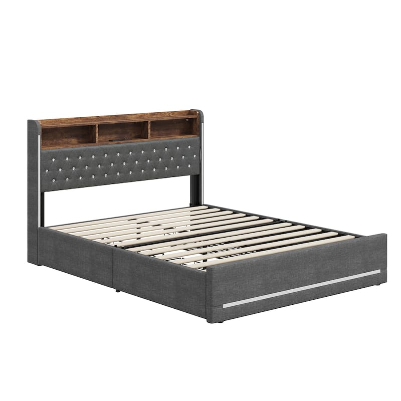 Moasis Queen Size Linen Bed Frame LED Upholstered Platform Bed Frame