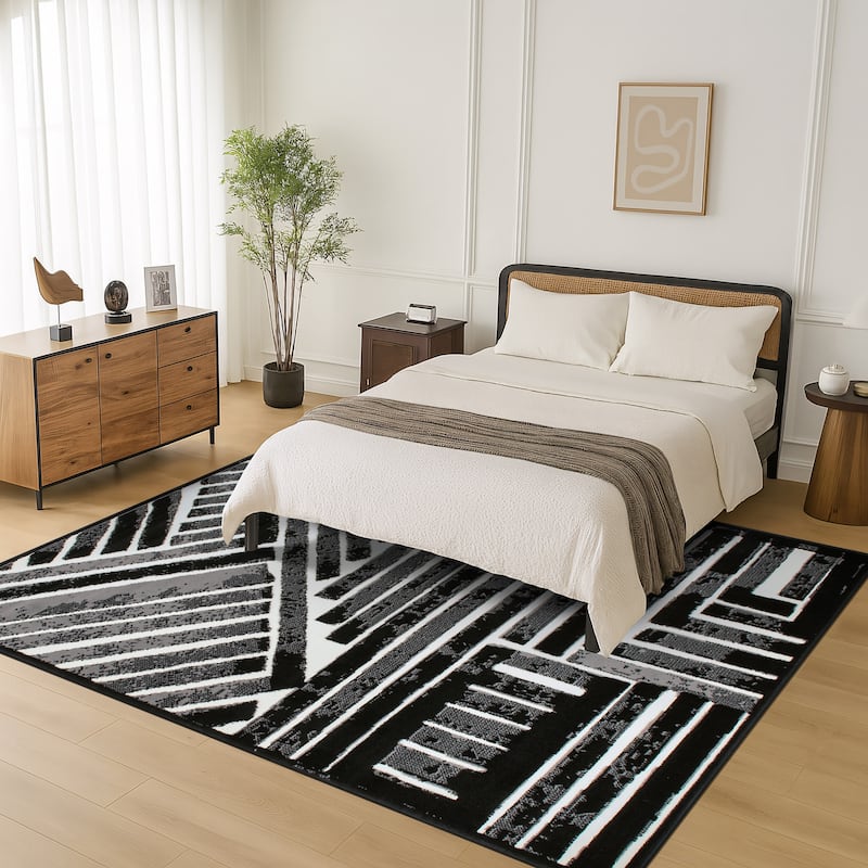 World Rug Gallery Contemporary Stripe Design Black / Gray / Ivory Area Rug