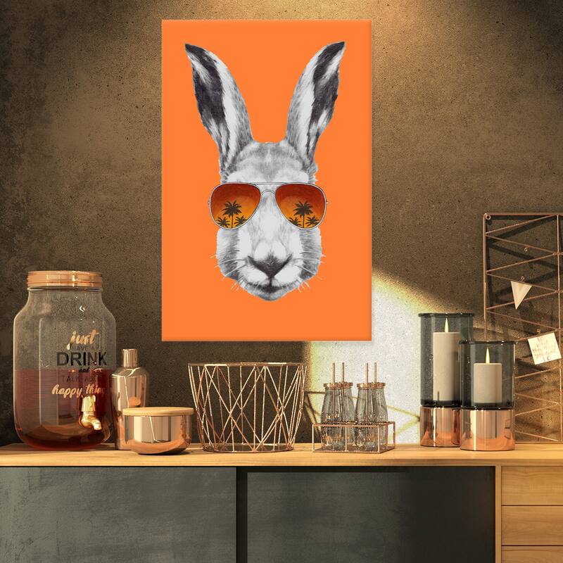 Designart "Funny Rabbit with Sunglasses" Animal Canvas Art Print - 16 in. wide x 32 in. high