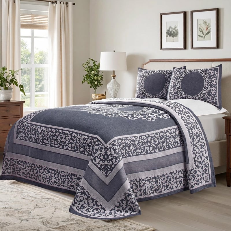 Superior Cotton Blend Oversized Vintage Floral Scroll Bedspread Set - Denim Blue - Twin