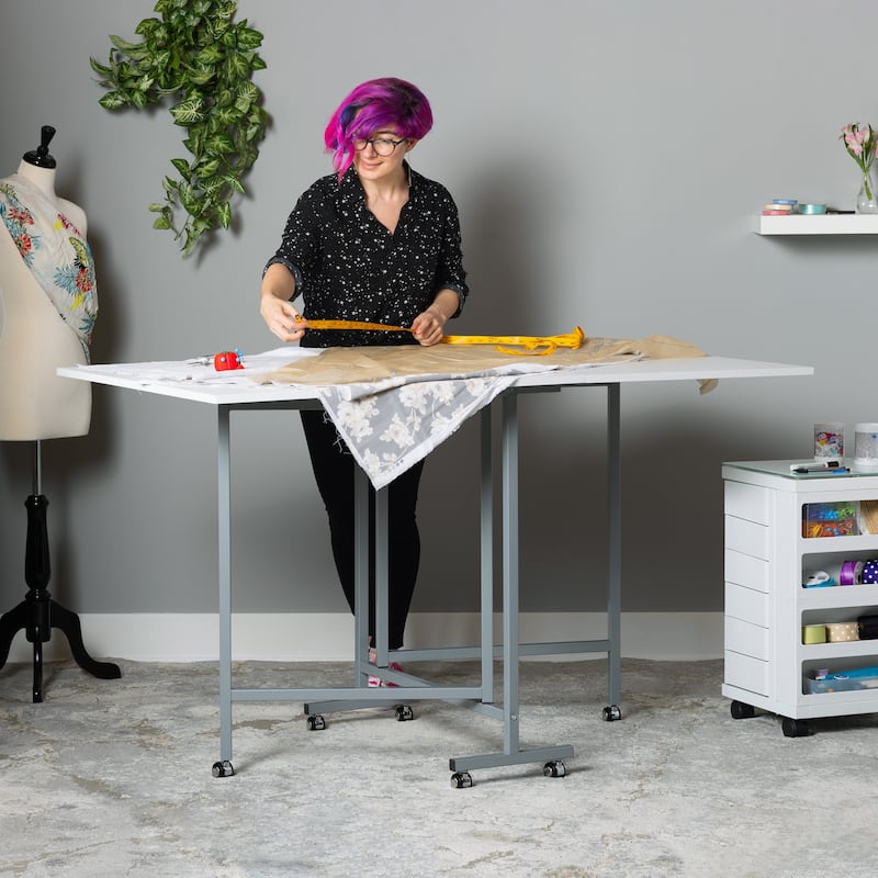 Sew Ready Mobile Folding Craft Sewing Fabric and Die Cutting Table - Silver/White