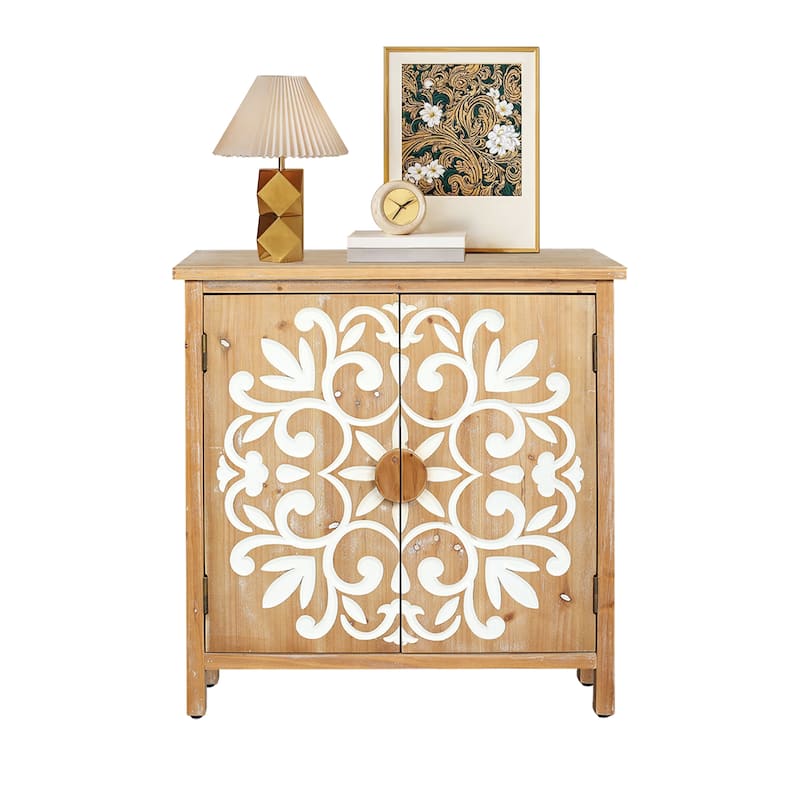 Rustic Wooden Accent Cabinet with Floral Carved Doors, 2 - Door Storage Cabinet for Living Room, Entryway, Dining Room