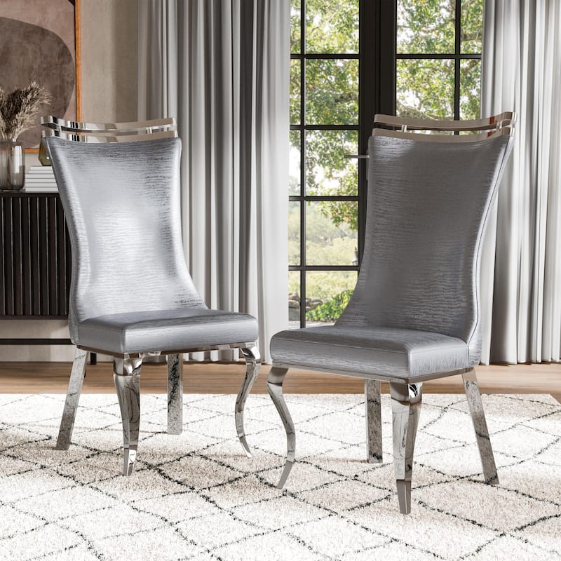 Furniture of America Thaddeus Glam Stainless Steel Upholstered Dining Side Chair (Set of 2) - Silver & Silver