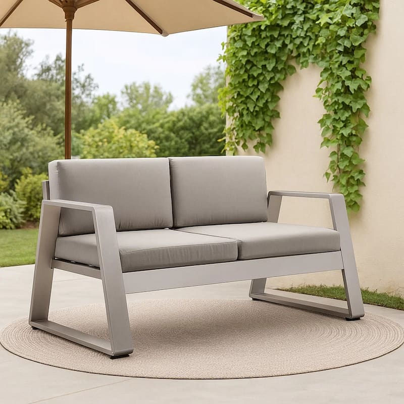 Xia 57 Inch Outdoor Sofa, Gray Aluminum, Fade Resistant Fabric Cushions
