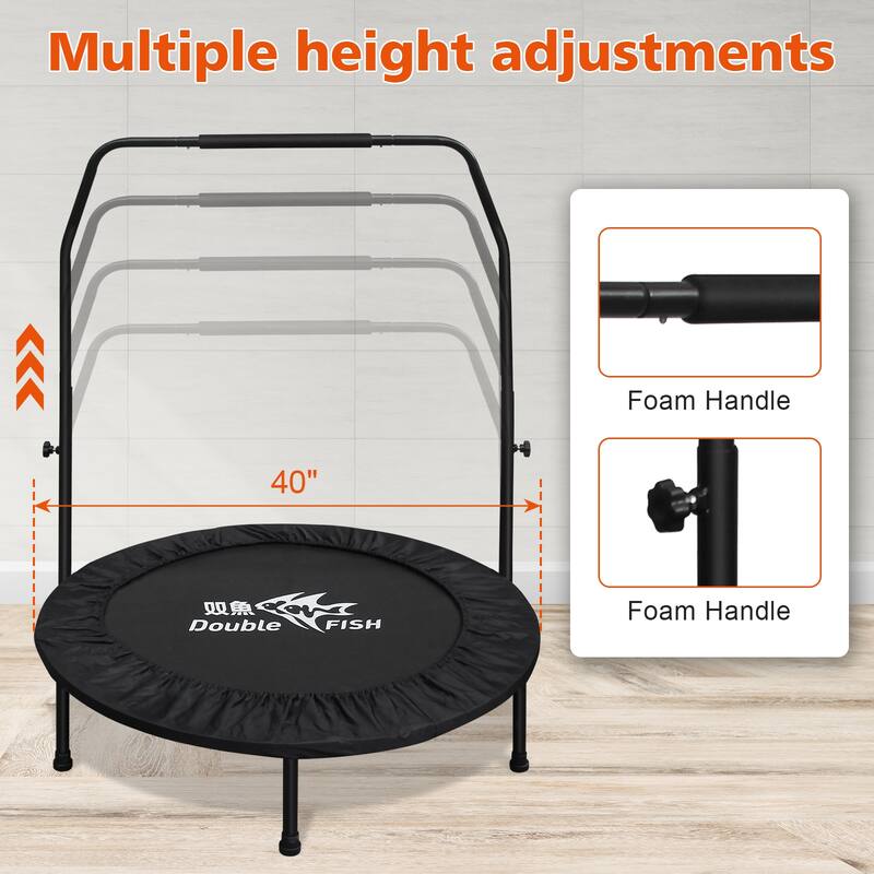 DOUBLE FISH Mini Trampoline - Adjustable Foam Handle, 400Lbs Capacity, Black Rectangular, Fitness Rebounder - 11
