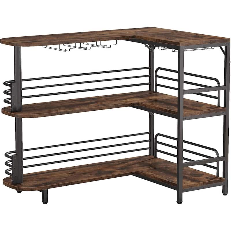 43-Inch Height Rustic Brown L-Shaped Home Bar Table with Wine Storage and Steel Frame - 47.24”L x 35.43”W x 43.31”H