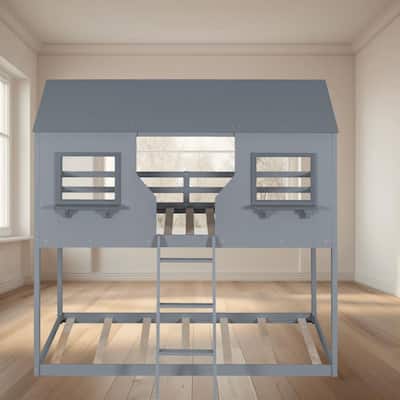 Twin Over Twin Size Bunk Platform Bed Frame with Roof and Window, Fun Playhouse Design with Guardrails, Bedroom Furniture