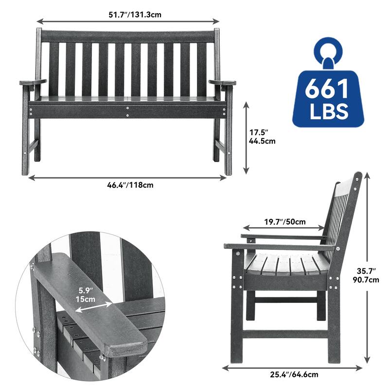 2-person HDPE Outdoor Seating Patio Bench with Arms and Back