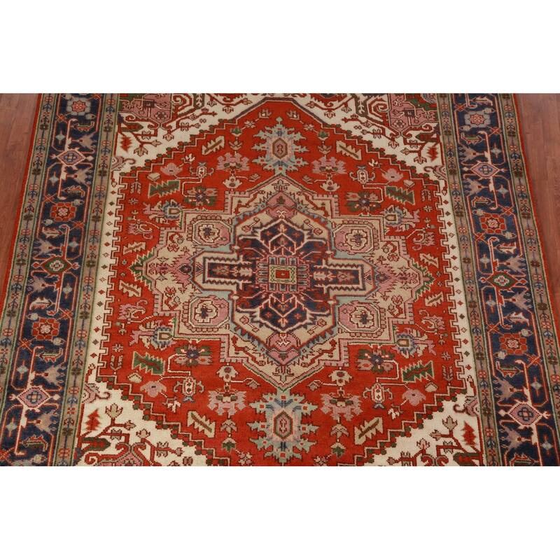 Hand Knotted Oriental 100% Wool Carpet Traditional Medallion Oranges & Rust Heriz (serapi) Area Rug - 9' 10'' X 8' 0''