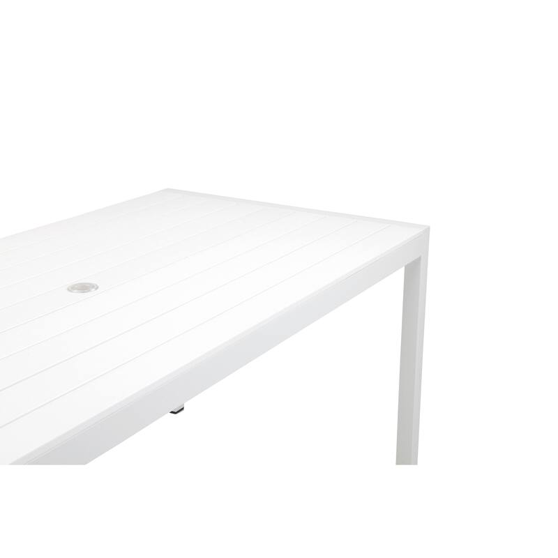 Cora 7 Piece Outdoor Dining Table, Chairs Set, White, Plank Seat and Backs