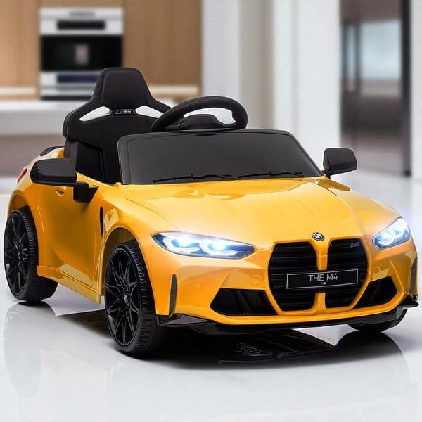 slide 2 of 16, BMW M4 Licensed 12V Kids Electric Ride On Car with Remote Control, LED Lights, Music, Suspension, Handle, Soft Start, Ages 3-6 Yellow