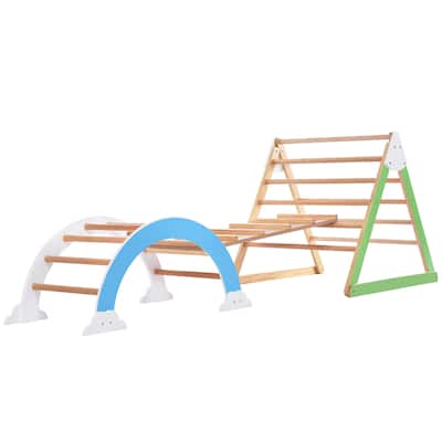 Wooden Climbing Triangle Toys - Arc Climber Jungle with Ramp and Arch Toy Rocker, Reversible Playset Natural Wood Playground