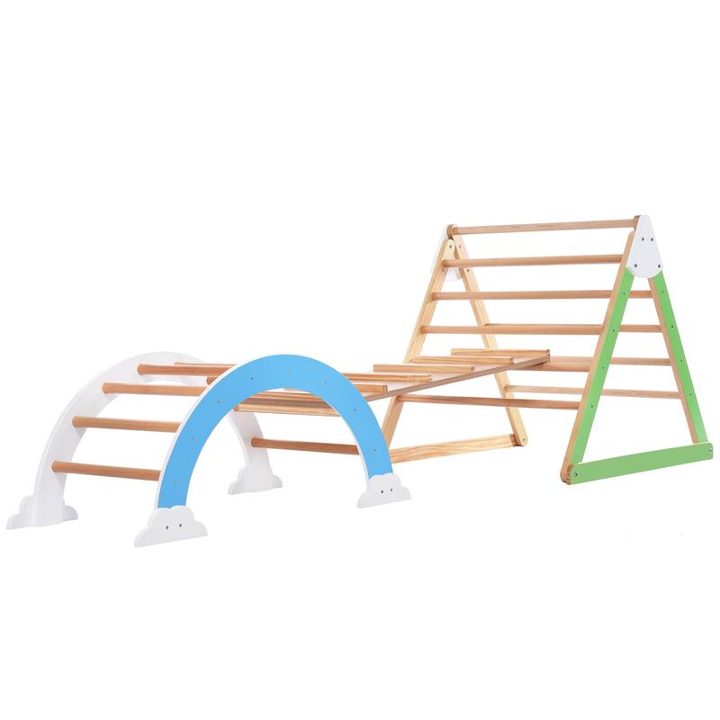 Wooden Climbing Triangle Toys - Indoor Arc Climber Jungle with Ramp and Arch Toy Rocker, Reversible Multifunction Playset - Wood
