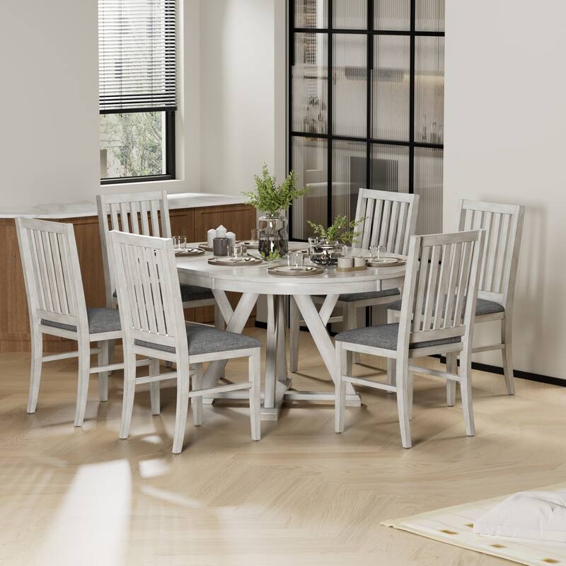 VECELO Extendable Dining Table and Chairs Set for 4-8,Modern Kitchen Round Dining Table Set with Removable Leaves Space Saving