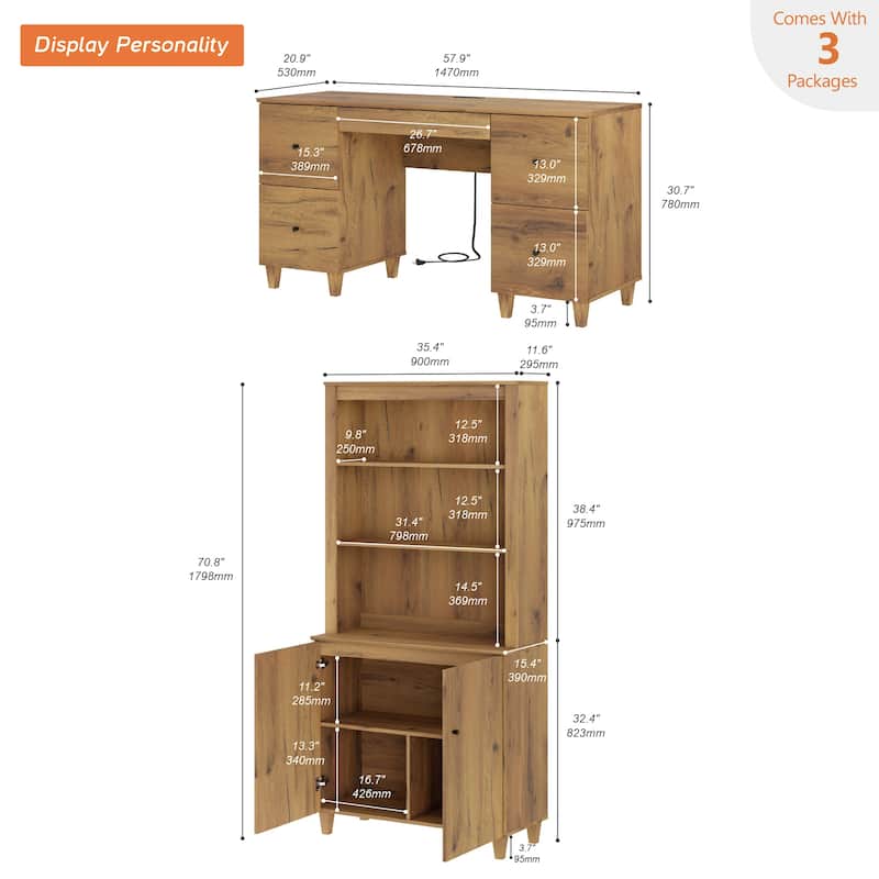 WAMPAT Home Office Furniture Set, 58" Executive Desk with Drawers, 71" Tall Bookcase with Doors and Adjustable Shelves