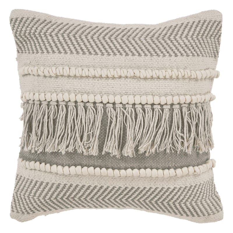 HomeRoots 20" X 20" Beige and Ivory Chevron Cotton Zippered Pillow With Fringe